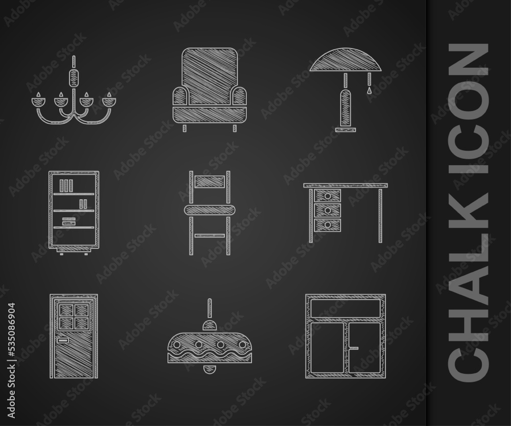 设置椅子、吊灯、房间窗户、办公桌、闭门、图书馆书架、台灯a
