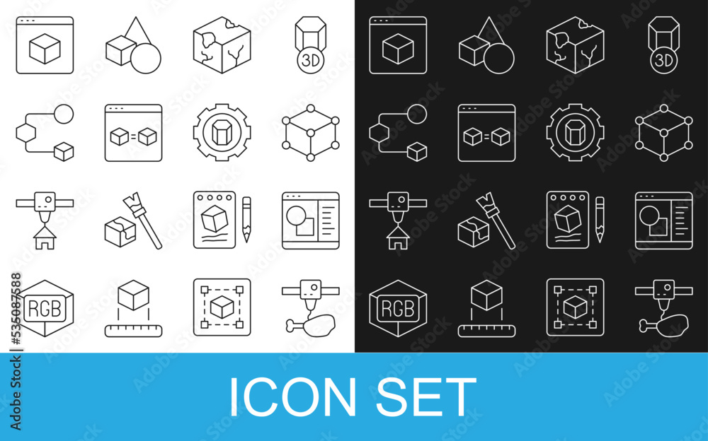 设置线3D打印机鸡腿、软件、等角立方体、完美复制和设置图标。矢量