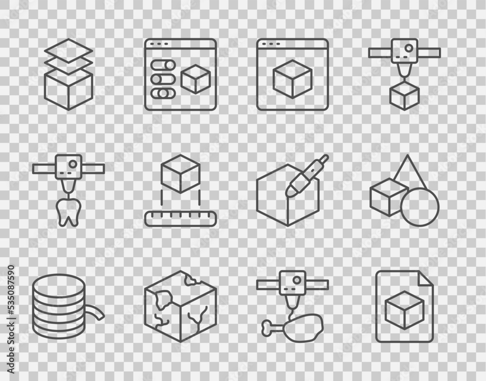 3D打印机、等距立方体文件、图层、鸡腿和基本几何形状的设置线灯丝