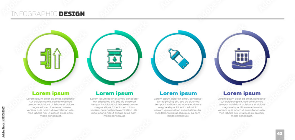 设定全球变暖、桶装油、瓶装水和房屋洪水。商业信息图模板。Vect