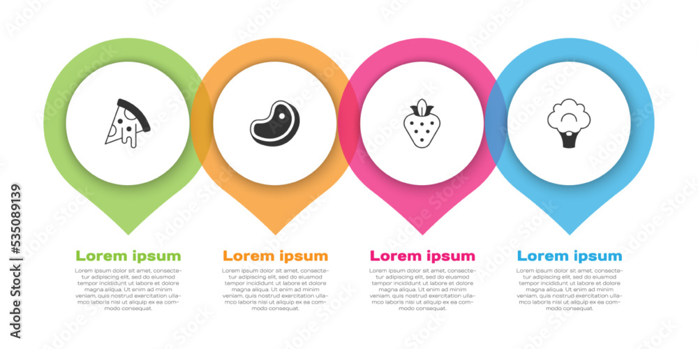 披萨、牛排、草莓和西兰花切片。商业信息图模板。矢量