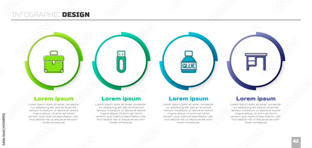 套装公文包、U盘、胶水和办公桌。商业信息图模板。矢量