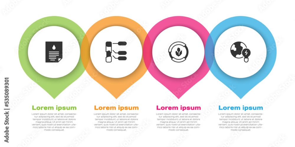 用灯泡设置油滴文档、土壤分析和全球行星。商业信息图模板.Ve