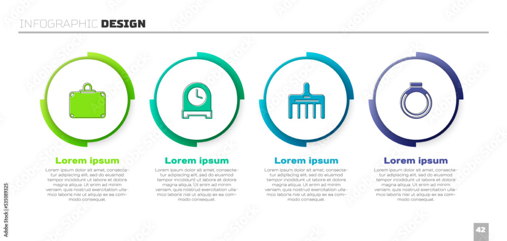 套装手提箱、古董钟、发刷和金戒指。商业信息图模板。矢量