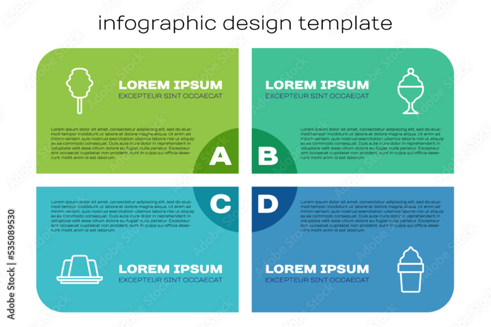 果冻蛋糕、棉花糖、华夫饼锥形和碗状冰淇淋。商业信息图模板。