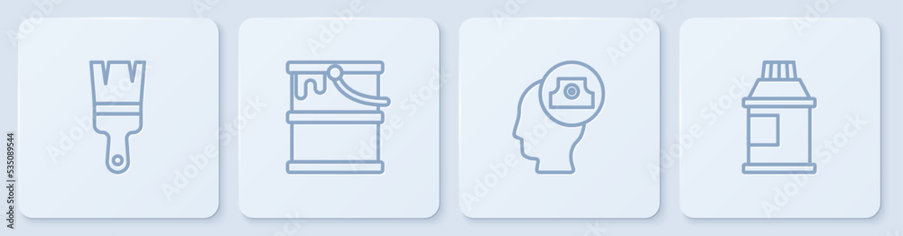 设定线油漆刷，喷雾罐喷嘴帽，桶和油漆，水粉，罐子，染料。白色方形按钮