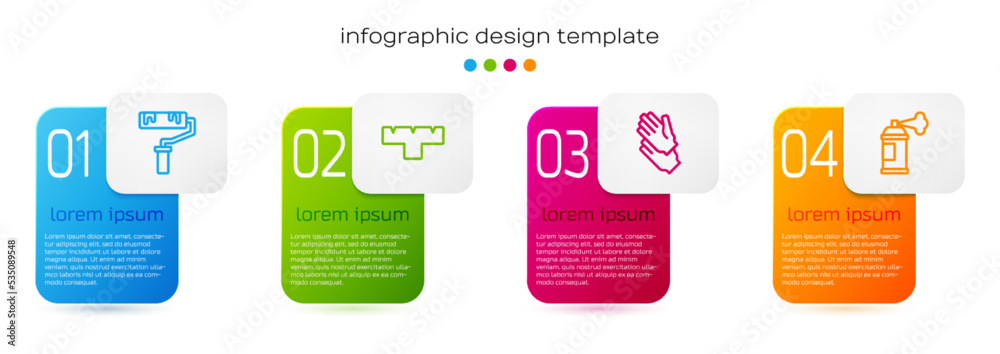 Set line油漆滚筒刷，记号笔附件，橡胶手套和喷雾罐。商业信息图