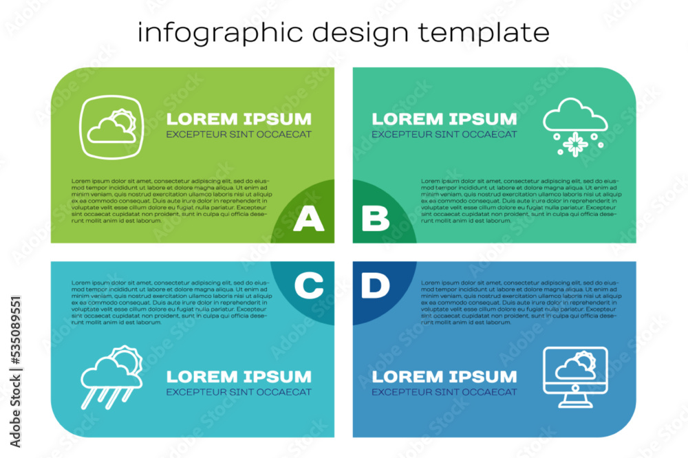 设置云与雨、太阳、天气预报和雪。商业信息图模板。矢量