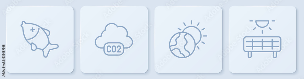 设定死鱼、全球变暖、二氧化碳排放云和太阳能面板。白色方形按钮。