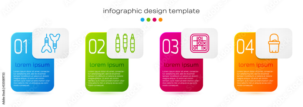 Set line Dart arrow, Marker pen, Tic tac toe game and Sand in bucket. Business infographic template.