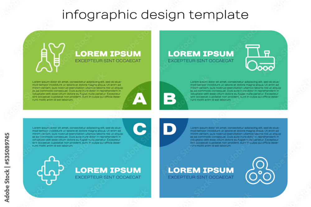 套装益智玩具、飞镖、Fidget spinner和玩具火车。商业信息图模板。