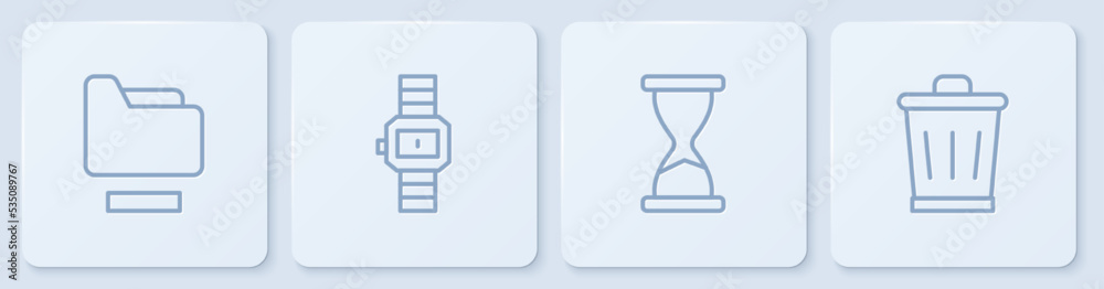 设置行文档文件夹、旧沙漏、手表和垃圾桶。白色方形按钮。矢量