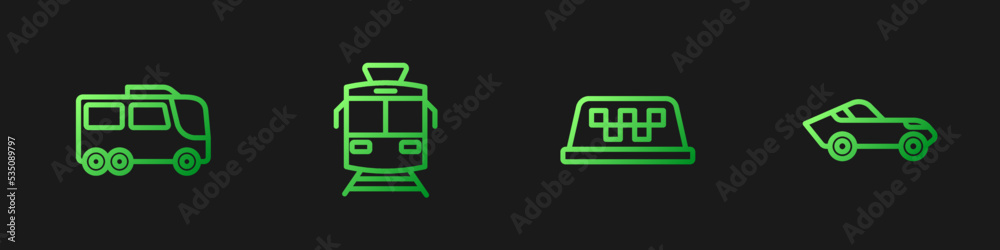 Set line Taxi car roof, Bus, Tram and railway and Car. Gradient color icons. Vector