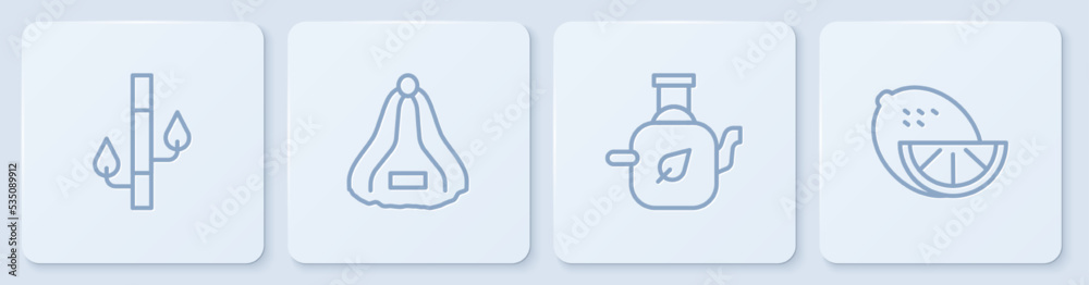 设线竹、带叶茶壶、桑拿帽和柠檬。白色方形按钮。矢量