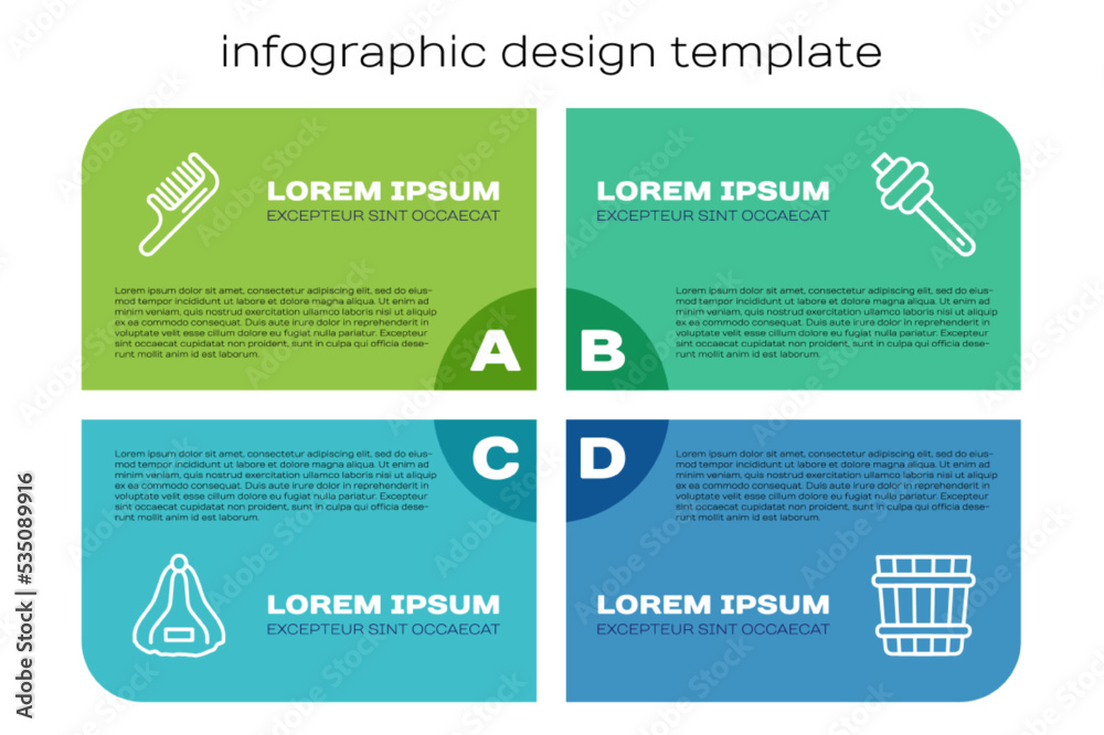 套装桑拿帽、发刷、水桶和蜂蜜勺。商业信息图模板。矢量