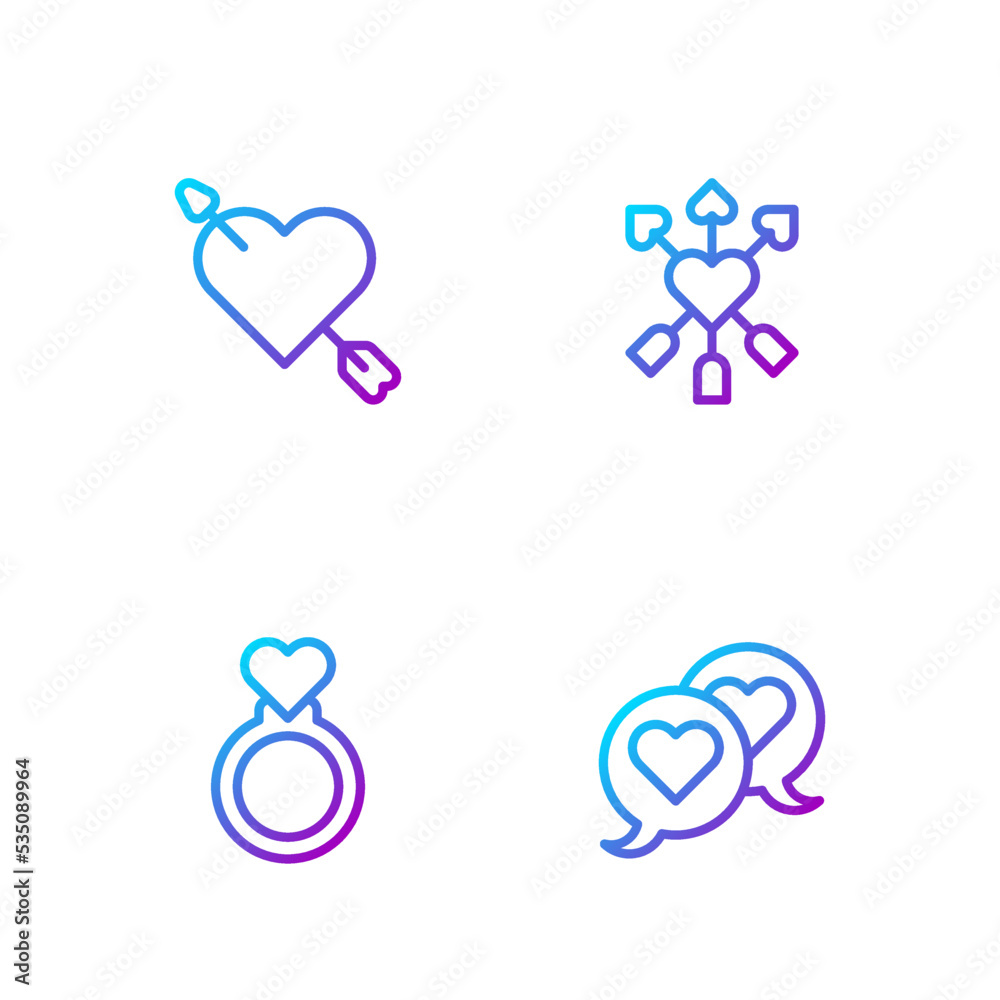 Set line Heart in speech bubble，Wedding rings，Amour with Heart and arrow and渐变色图标