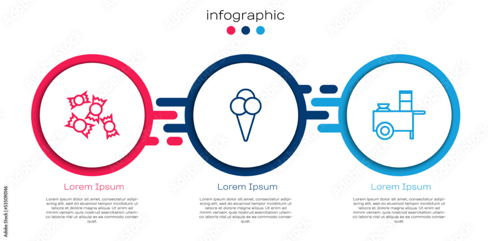 设定线糖果、华夫饼冰淇淋和快餐车。商业信息图模板.V