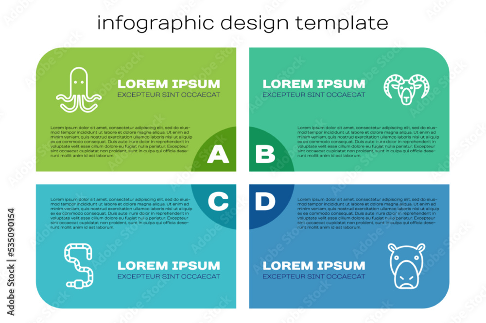 设定蠕虫、章鱼、河马和山羊头。商业信息图模板。Vect
