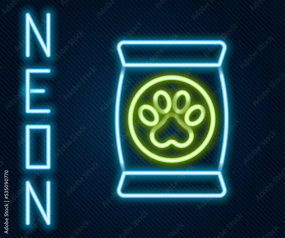 Glowing neon line Bag of food for pet icon isolated on black background. Food for animals. Dog bone 