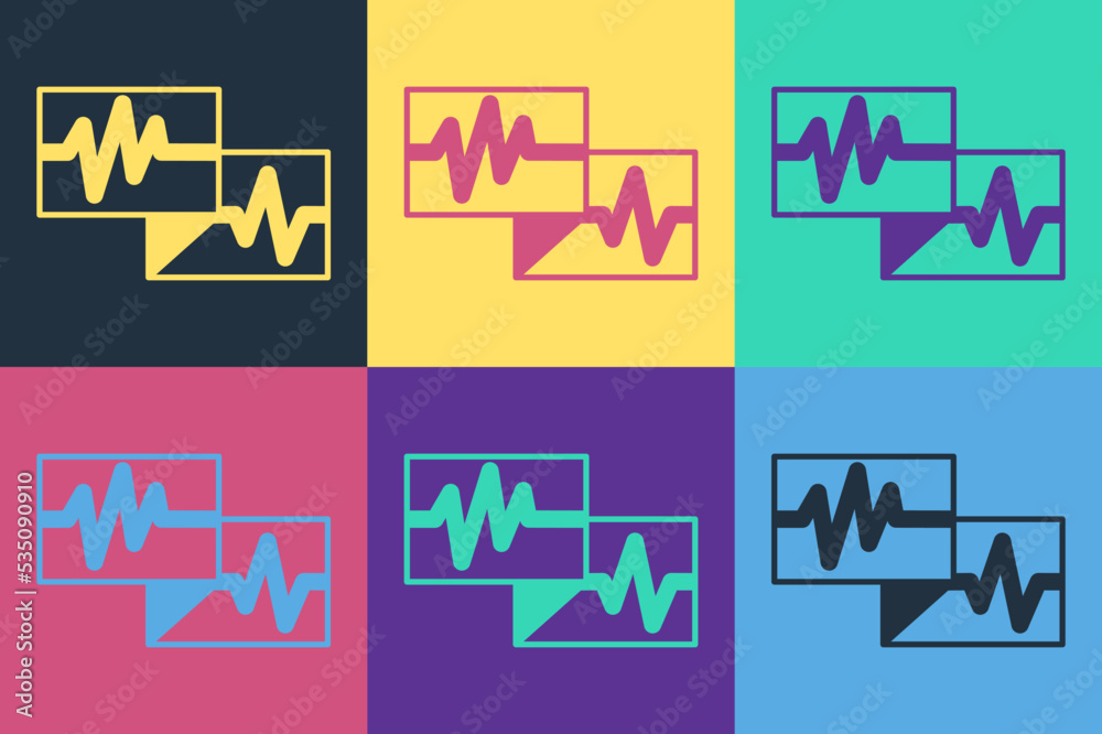 Pop art Computer monitor with cardiogram icon isolated on color background. Monitoring icon. ECG mon