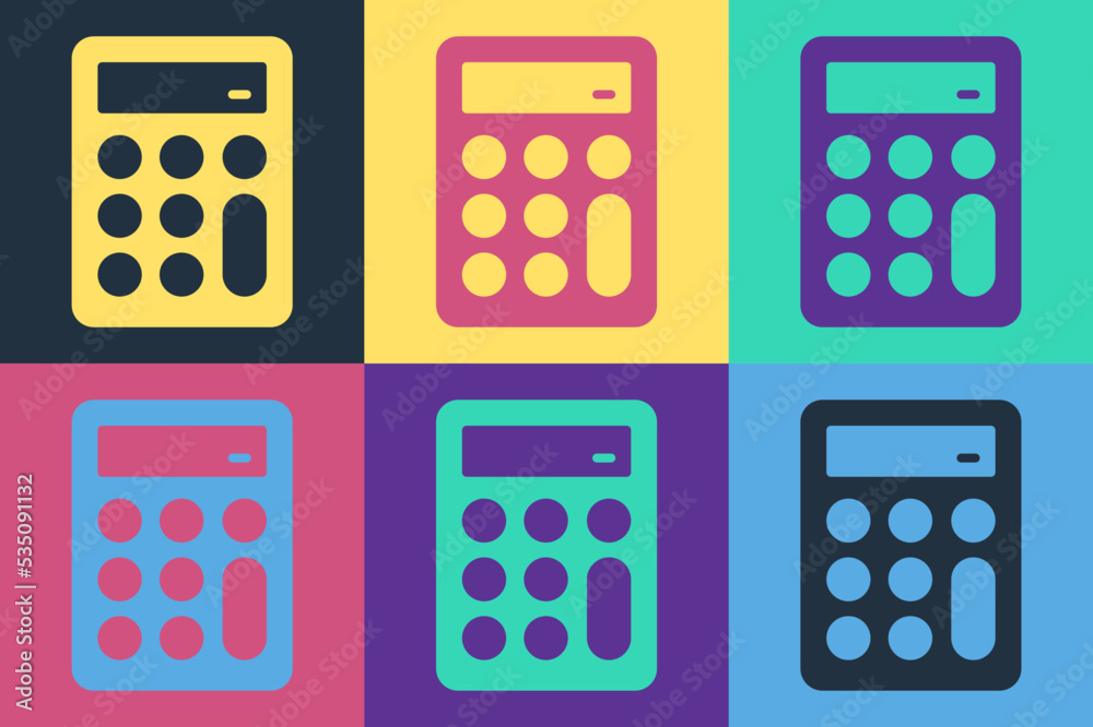 Pop art Calculator icon isolated on color background. Accounting symbol. Business calculations mathe