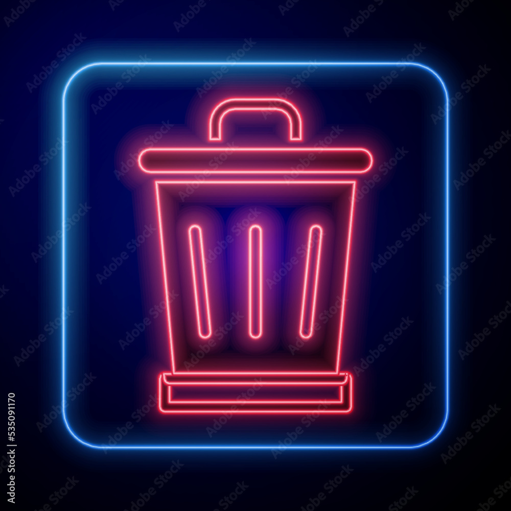 Glowing neon Trash can icon isolated on black background. Garbage bin sign. Recycle basket icon. Off