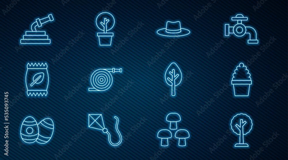 Set line Forest, Cactus peyote in pot, Gardener worker hat, hose, Fertilizer bag, and icon. Vector