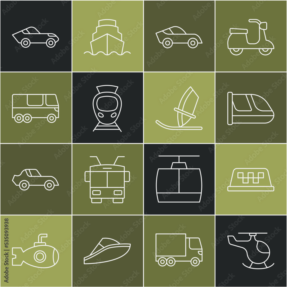 Set line Helicopter, Taxi car roof, Train and railway, Car, Tram, Bus, and Windsurfing icon. Vector