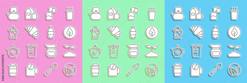 Set line Tea leaf, bag, Croissant, French press, Kettle with handle and Bottle of water icon. Vector