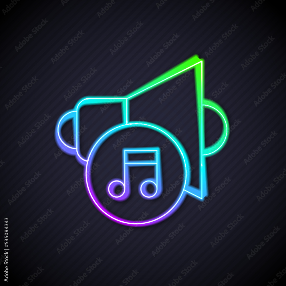 Glowing neon line Speaker volume, audio voice sound symbol, media music icon isolated on black backg