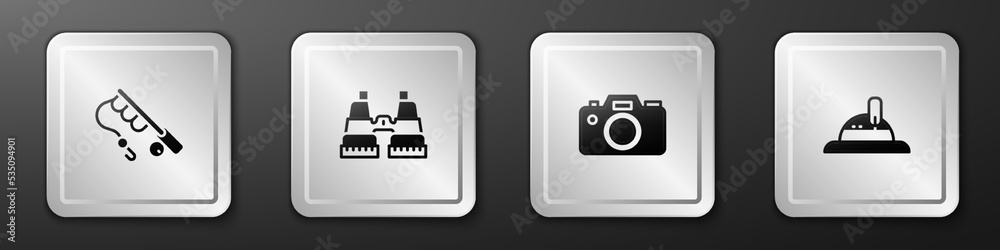 Set Fishing rod, Binoculars, Photo camera and Hunter hat icon. Silver square button. Vector