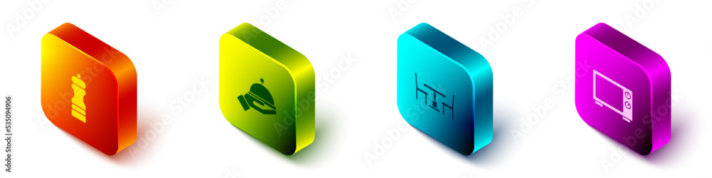 Set Isometric Pepper, Covered with tray, Wooden table chair and Microwave oven icon. Vector