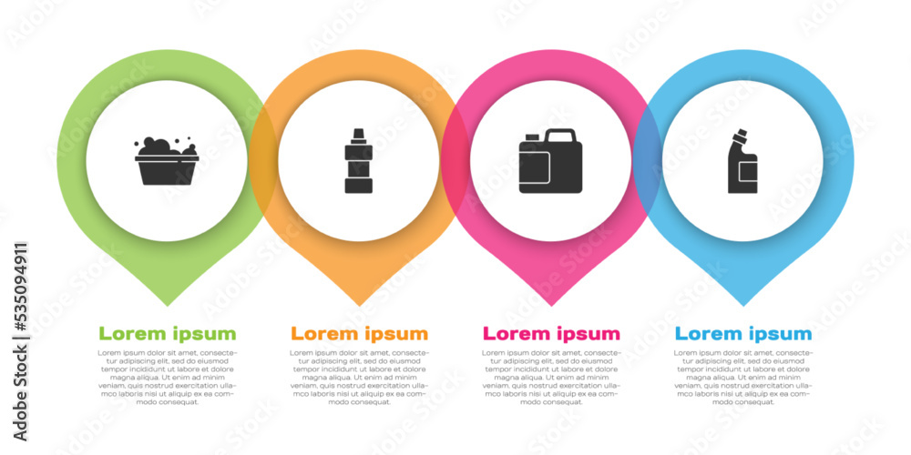 Set Basin with soap suds, Bottle for cleaning agent, and . Business infographic template. Vector