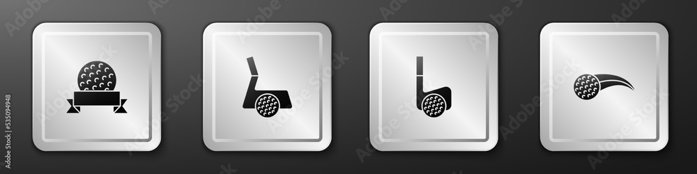 Set Golf ball, club with, and icon. Silver square button. Vector