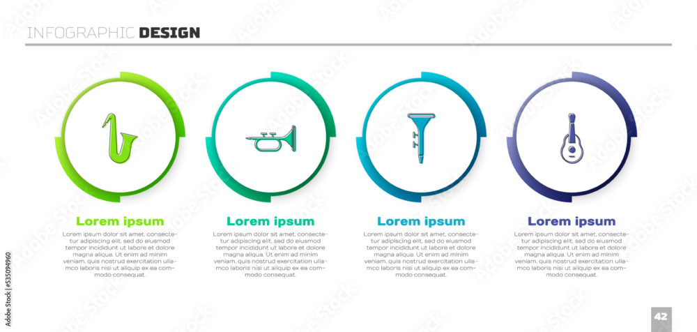 Set Musical instrument saxophone, Trumpet, Drum and drum sticks and Guitar. Business infographic tem