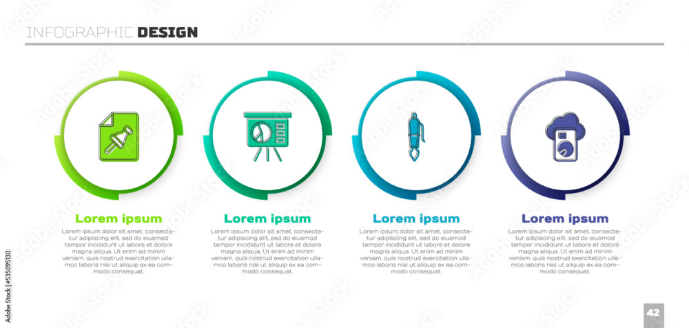 Set Note paper with push button, Board graph, Fountain pen nib and Cloud database. Business infograp