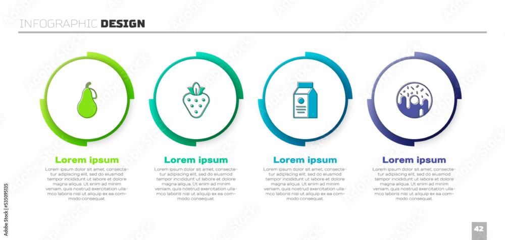 Set Pear, Strawberry, aper package for milk and Donut. Business infographic template. Vector