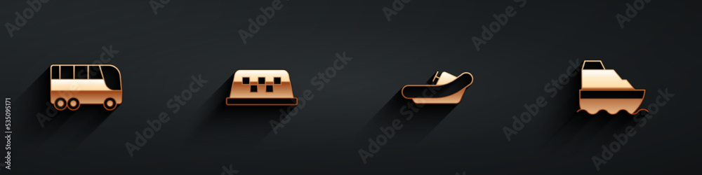 Set Bus, Taxi car roof, Rafting boat and Cruise ship icon with long shadow. Vector