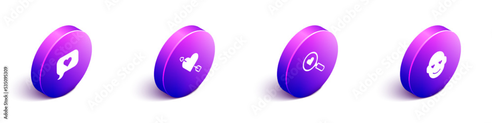 Set Isometric Heart in speech bubble, Amour with heart and arrow, Search love and Romantic man icon.