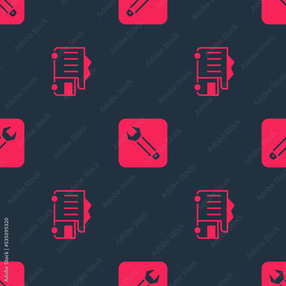 Set Mining dump truck and Wrench spanner on seamless pattern. Vector