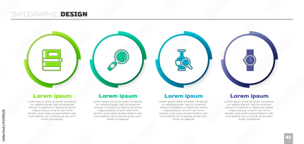 套装、放大镜、古代双耳瓶和手表。商业信息图模板。矢量