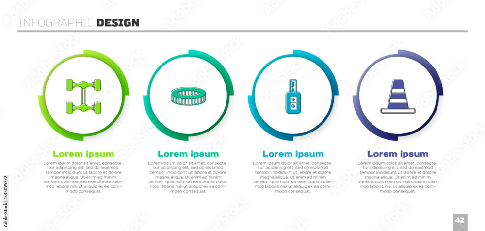 设置底盘汽车、汽车空气滤清器、带遥控器的钥匙和交通锥。商业信息图模板.Ve