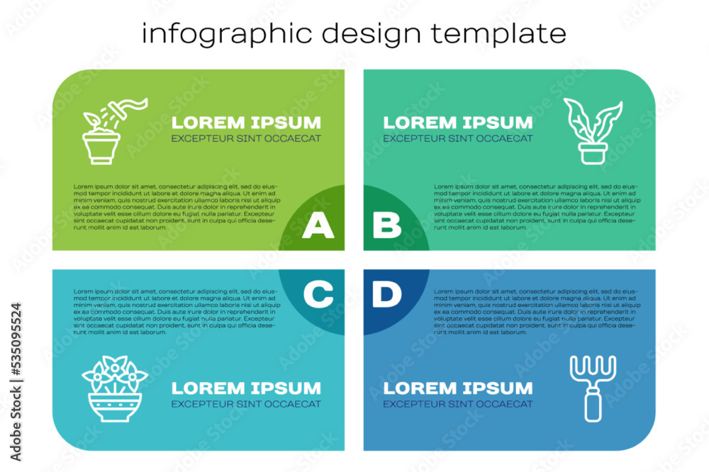花瓶、喷雾植物、花园耙子和花盆中的插花。商业信息图模板.V