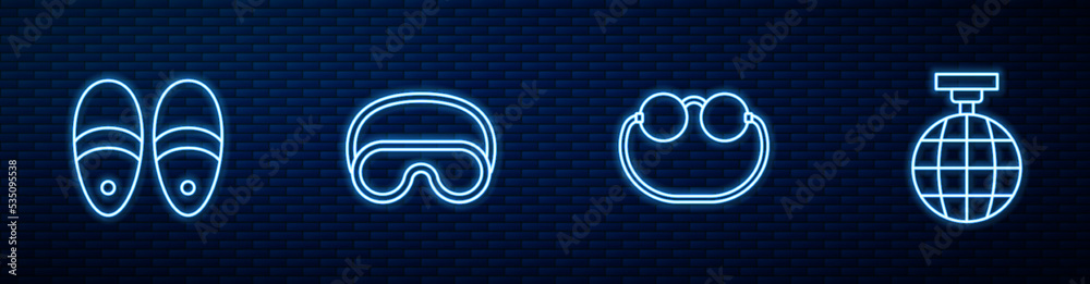 Set line Eyeglasses, Slippers, sleep mask and Disco ball. Glowing neon icon on brick wall. Vector