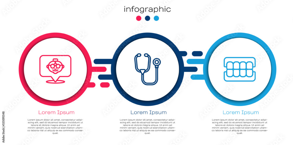 Set line Grandmother, Stethoscope and False jaw. Business infographic template. Vector