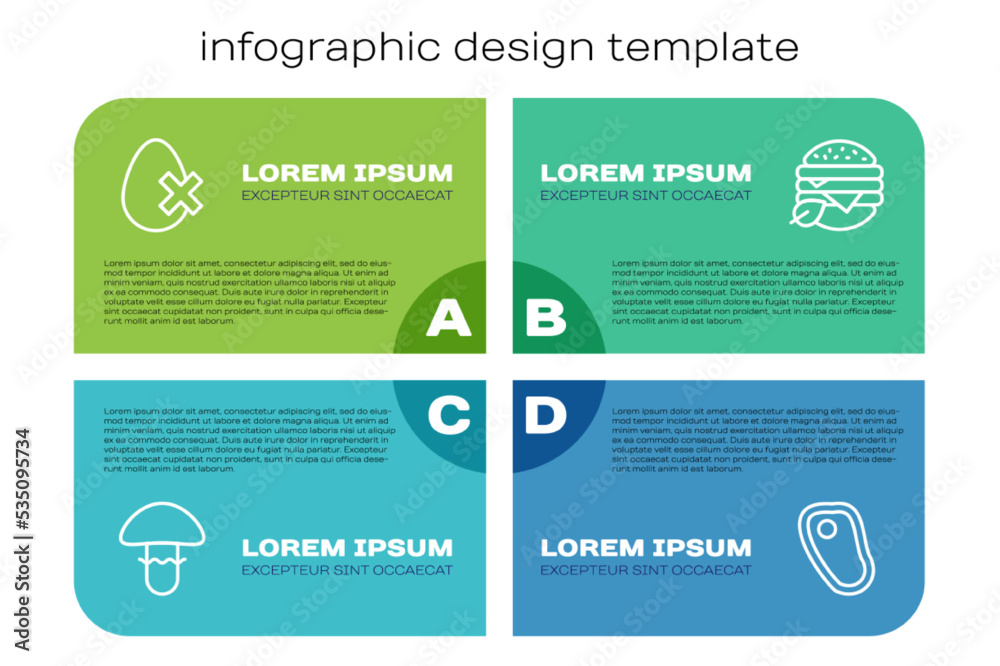 设定蘑菇、无蛋、牛排和素食饮食。商业信息图模板。矢量
