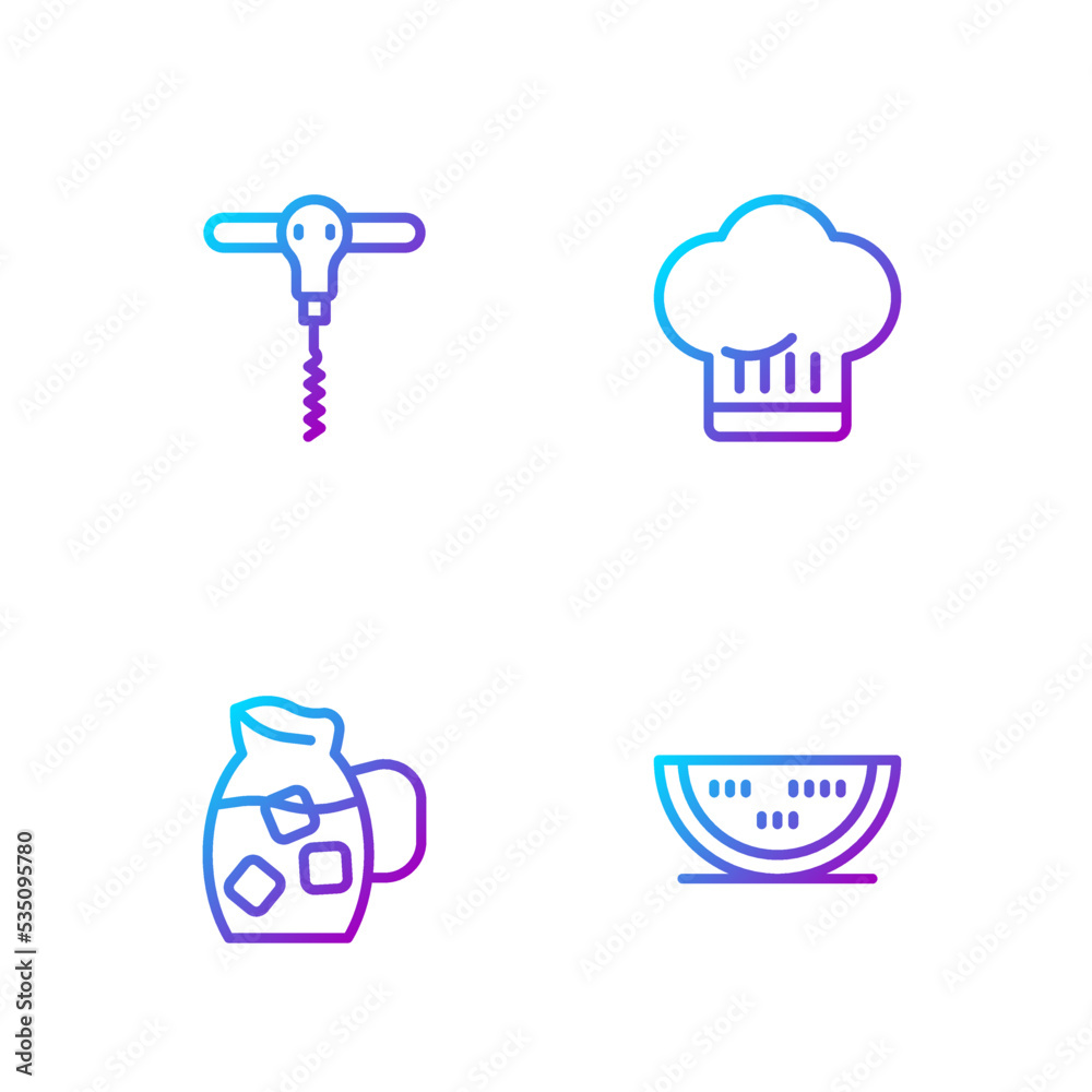 Set line Watermelon, Jug glass with water, Wine corkscrew and Chef hat. Gradient color icons. Vector