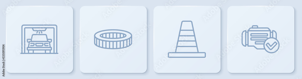 设置洗车、交通锥、空气滤清器和检查发动机。白色方形按钮。矢量