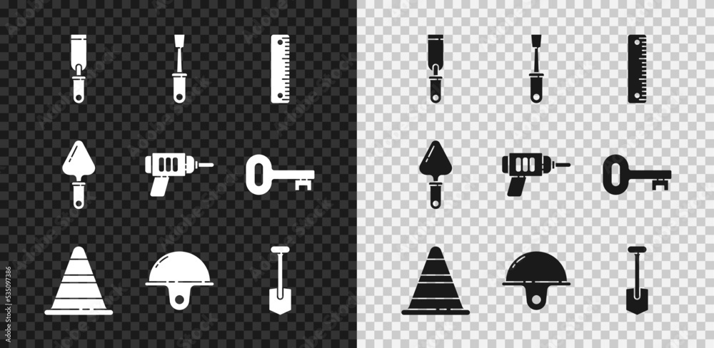 Set Rasp metal file，Screwdriver，Ruler，Traffic cone，Worker safety helmer，Shovel，Trowel and Elec（设置锉刀、