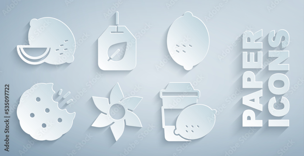 Set Flower, Lemon, Cookie or biscuit, Cup of tea with lemon, Tea bag leaf and icon. Vector